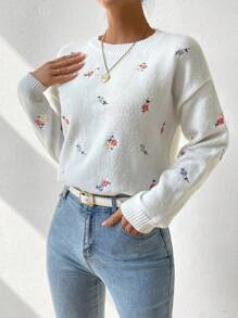 SHEIN LUNE 花卉刺绣落肩毛衣，长袖上衣