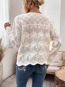 SHEIN Clasi Women'S Hollow Out Knitted Drop Shoulder Sweater - Beige - View 3