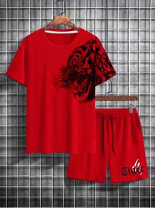 Manfinity LEGND Nam In hoa con hổ Áo thun Và Bộ quần short - Đỏ - Xem 5
