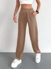 RueChic Solid Elastic Waist Sweatpants - Mocha Brown - View 5