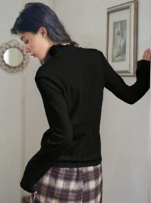 FRIFUL 女式花卉刺绣立领T恤，秋季服装长袖女式上衣 - 黑色 - 查看 2