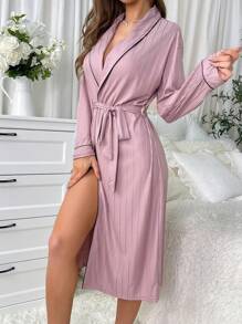 Contrast Trim Belted Kimono Robe With Shawl Collar - Dusty Pink - View 6