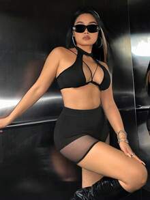 SHEIN ICON Plus Size Women's Color Block Fishnet Panel Shorts - Black - View 4