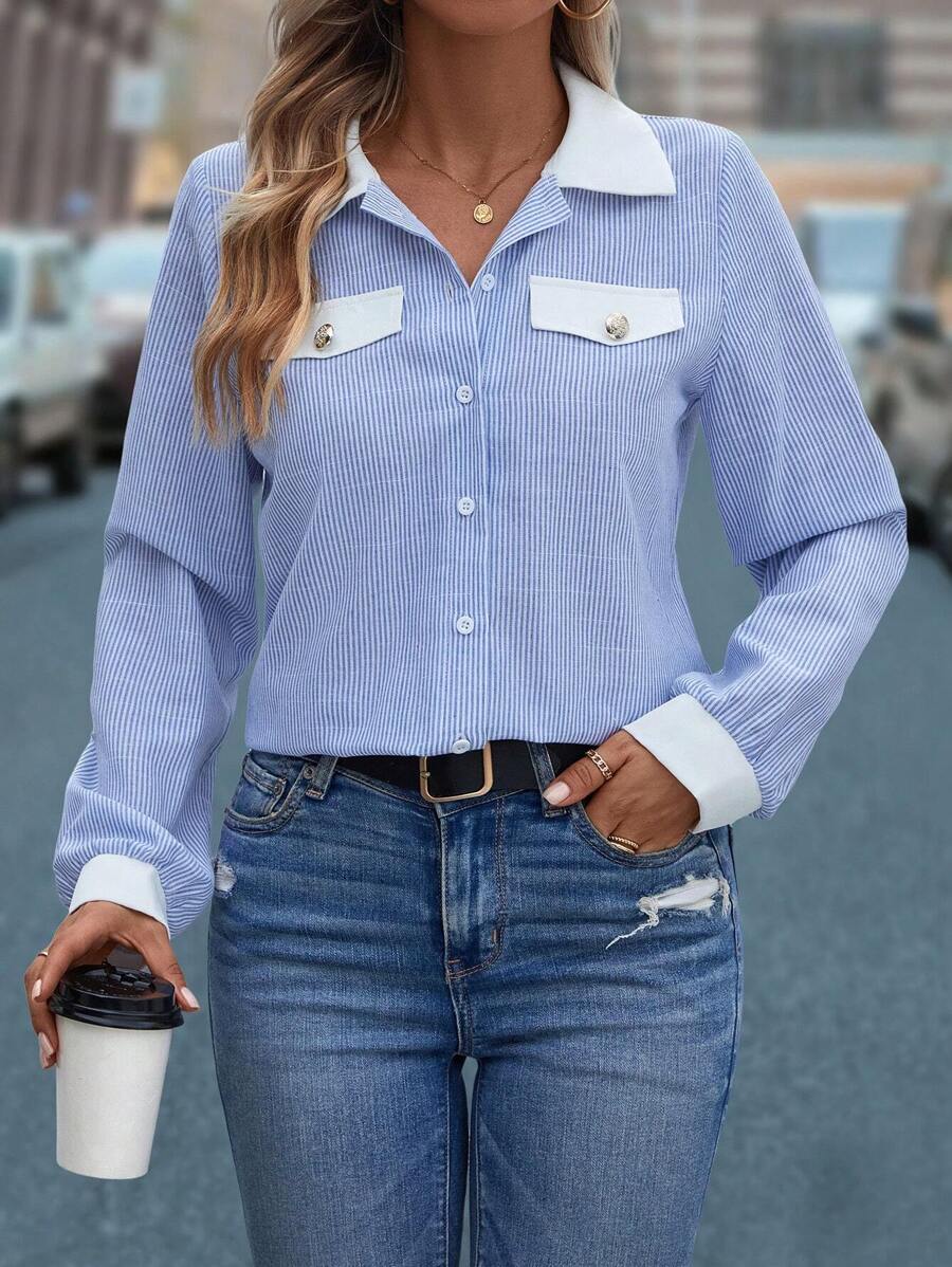 Của phụ nữ Sọc Áo sơ mi - Màu xanh lam - Xem 1