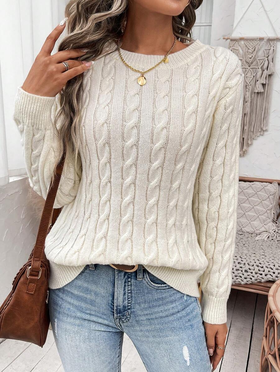 SHEIN Frenchy 女式絞花針織落肩毛衣 - 杏色 - 查看 1