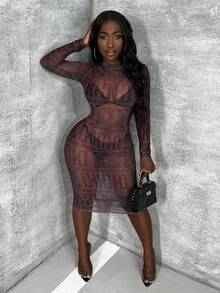 Slaydiva Geometric Pattern Mesh Perspective Dress - Burgundy - View 4