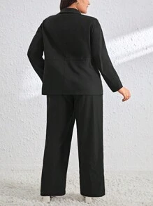 SHEIN Essnce Plus Drawstring Waist Blazer & Wide Leg Pants - Black - View 2