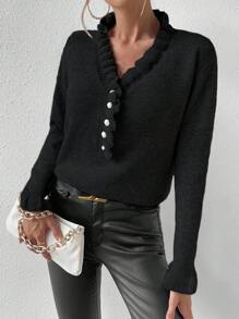 SHEIN Essnce Lace Decorated Sweater Pullover - Black - View 7