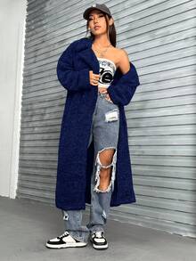 SHEIN Coolane Fluffy Long Coat With Oversized Collar - Navy Blue - View 5