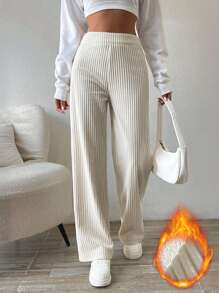 Chiquease Solid Color Straight Leg Thermal Lined Long Pants Fall Cloth For Women - Beige - View 4