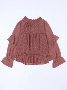 Chấm Swiss tay áo lá sen Viền Ruffle Cà vạt Áo sơ mi Peplum - Đỏ - Xem 6