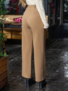 SHEIN Frenchy 女士雙口袋寬腿褲 - 卡其色 - 查看 2