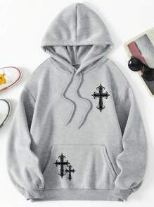 SHEIN Cross Printed Kangaroo Pocket Drawstring Hoodie - Grey - View 4