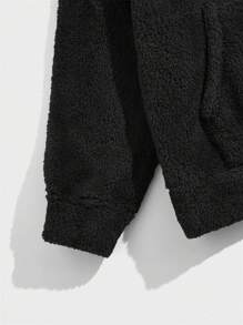 EASEVO Men Plus Letter Patched Kangaroo Pocket Drawstring Flannel Hoodie & Pants - Black - View 5