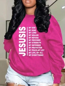 SHEIN EZwear Plus Size Slogan Print Warm Lined Sweatshirt - Hot Pink - View 1