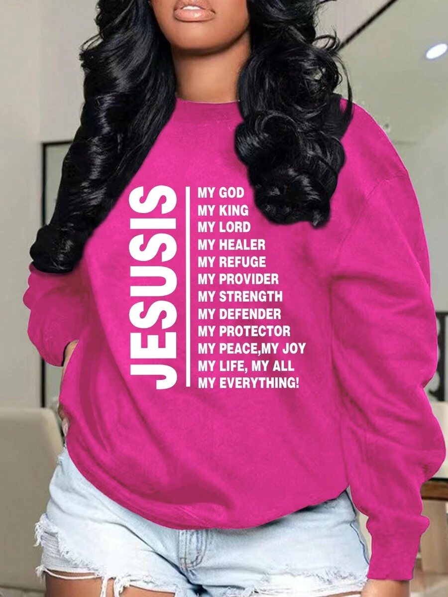 SHEIN EZwear Plus Size Slogan Print Warm Lined Sweatshirt - Hot Pink - View 1