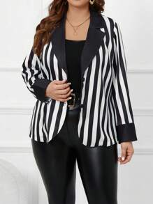 SHEIN Clasi 大碼條紋圖案西裝領西裝外套夾克 - 黑與白 - 查看 1