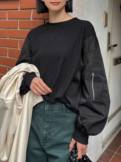 FRIFUL 女式拼布袖落肩卫衣、长袖上衣、秋装