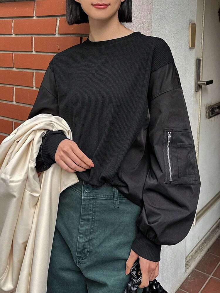 Women's Patchwork Sleeve Drop Shoulder Sweatshirt,Long Sleeve Tops,Fall Clothes