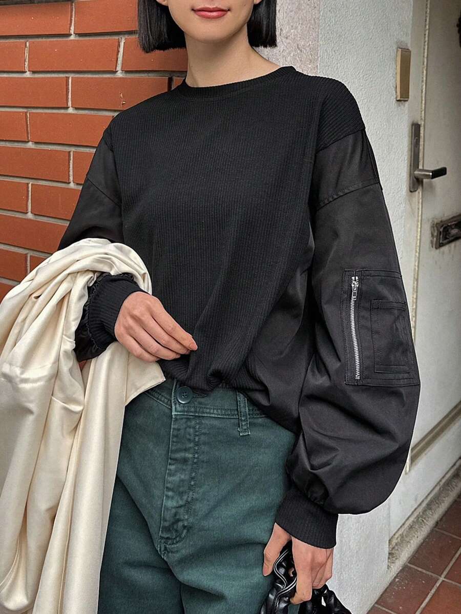 FRIFUL 女式拼布袖落肩卫衣、长袖上衣、秋装 - 黑色 - 查看 1