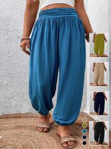 SHEIN LUNE Plus Solid Elastic Waist Trousers - Blue - View 1