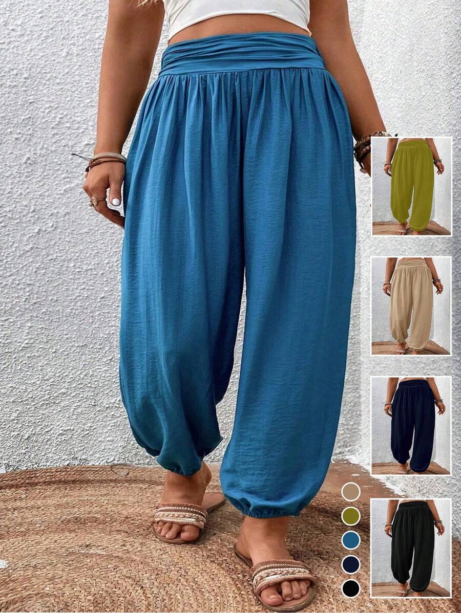 SHEIN LUNE Plus Solid Elastic Waist Trousers - Blue - View 1