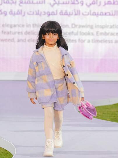 SHEIN Young Girl Buffalo Plaid Print Flap Pocket Drop Shoulder Jacket & Trousers & Solid Tee