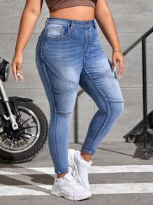 SHEIN EZwear Jeans Ajustados De Moda De Talla Grande - Azul lavado medio - Ver 3