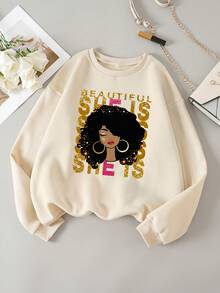 SHEIN EZwear Của phụ nữ Kích thước lớn Hoạt hình Nhân vật & In thư Vòng cổ Thả vai Lông cừu Áo nỉ - Màu be - Xem 7