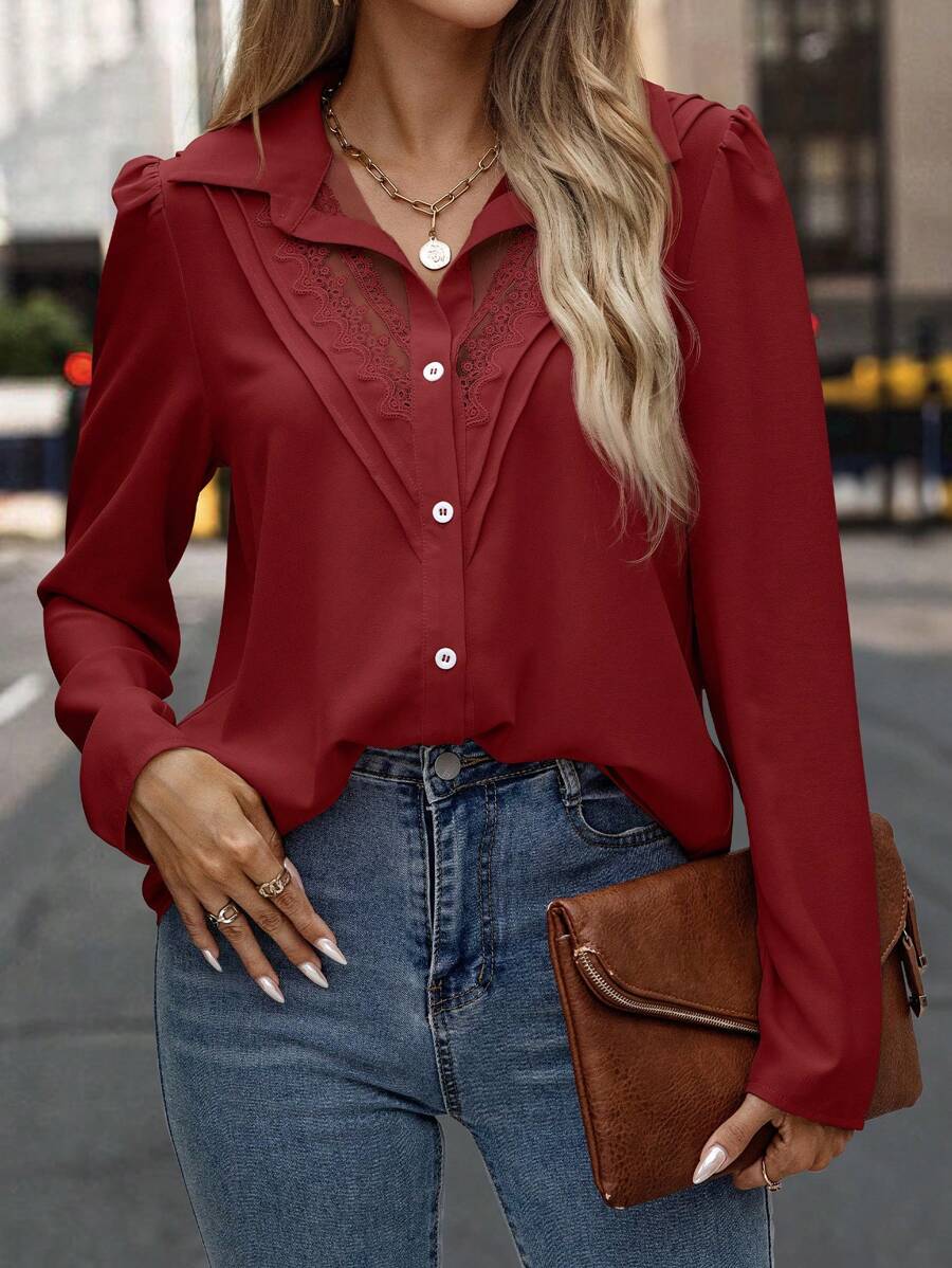 SHEIN LUNE Lưới thêu Chi tiết Áo sơ mi - Màu Đỏ Sâu - Xem 1