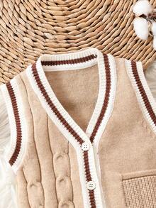 男童条纹拼布装饰边纽扣背心开衫 - 卡其色 - 查看 3