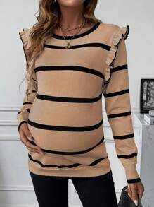 SHEIN Maternity Striped Crew Neck Long Sleeve Ruffled Patchwork Sweater, Autumn/Winter - Brown - View 4