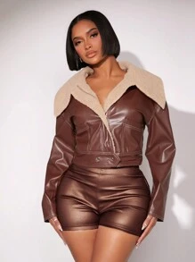 SHEIN SXY Women'S Casual Loose Brown Jacket With Fur Collar - Brown - View 6