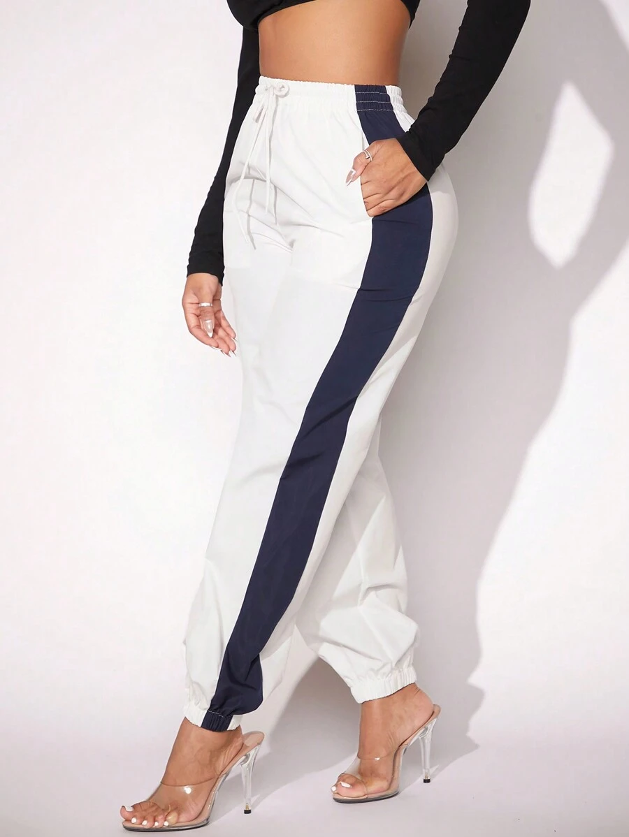 SHEIN SXY Women's Color Blocking Loose Fit Drawstring Waist White Sweatpants - Blue and White - View 1