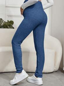 SHEIN 孕婦可調式腰帶羅紋緊身褲 - 藍色 - 查看 2