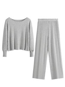 SHEIN LUNE Hơn Tay áo dơi Gân đan Áo thun & quần - Màu Xám nhạt - Xem 3