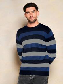 SHEIN Cottnline Men's Striped Colorblock Round Neck Sweater - Blue - View 4