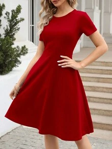 Solid A-line Dress - Red - View 3
