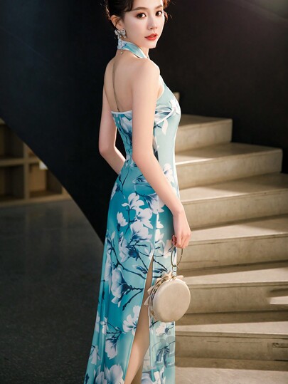 Fikoo Women's Blue Vintage Floral Qipao Dress - Bridal/Cheongsam Halter Neck Evening Gown With Open Back, Short Sleeves & Slit For Wedding Guest, Garden Party & Cultural Events