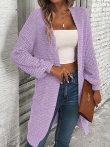 SHEIN LUNE Màu thuần Lỏng lẻo phù hợp Thả vai Mở Mặt trước Áo len Mở Đối với Giải trí Mặc - Màu tím - Xem 4