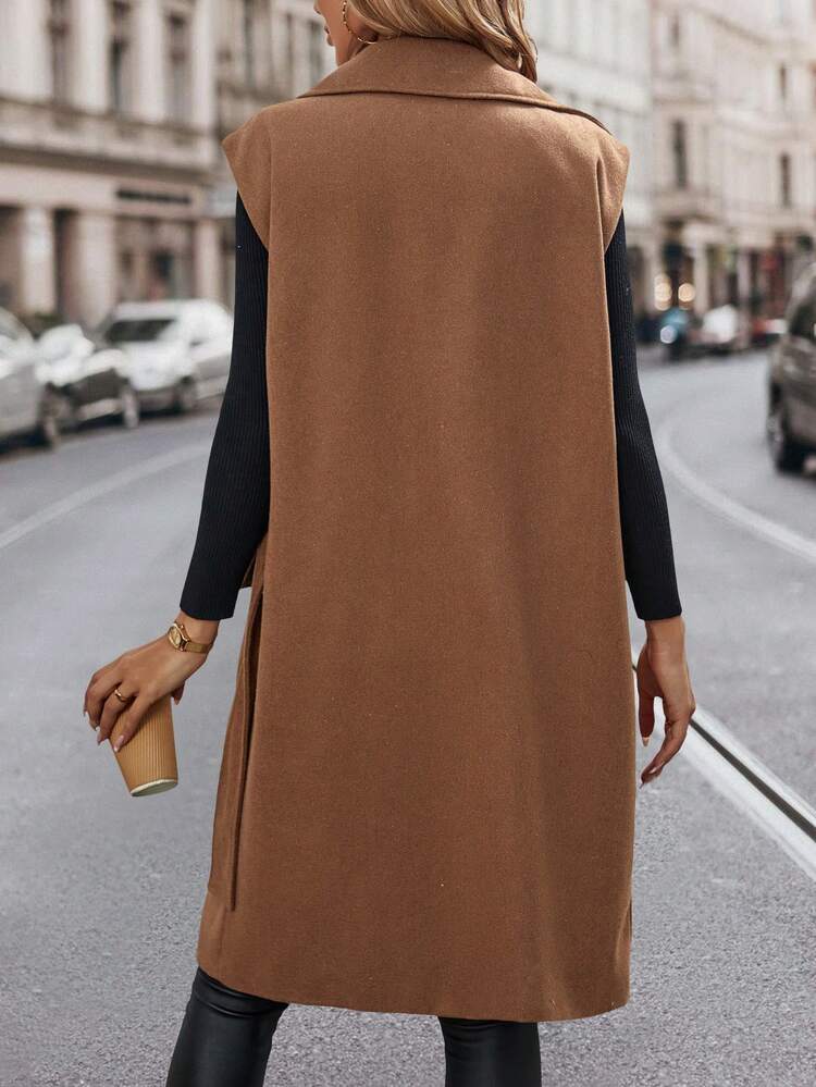 Women's Notched Lapel Knotted Detail Flap Woolen Coat