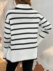 SHEIN Frenchy Women's Stand Collar Striped Drop Shoulder Sweater - White - View 2