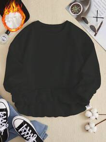 SHEIN LUNE Solid Drop Shoulder Thermal Lined Sweatshirt - Black - View 4