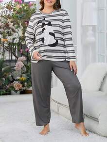 大尺碼女士卡通動物圖案印花睡衣套裝 - 黑與白 - 查看 4