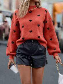 SHEIN LUNE 愛心圖案超大號下垂肩毛衣 - 玫瑰紅 - 查看 4