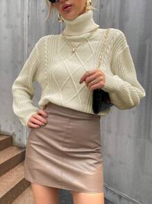 SHEIN Privé 纯色高领落肩针织套头衫秋冬毛衣 - 杏色 - 查看 5