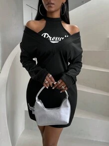 BamGleam 女性徽章印花綁頸背心和丟肩連衣裙套裝 - 黑色 - 查看 3