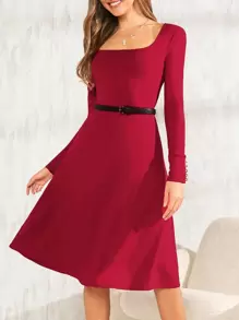 SHEIN Clasi Square Neck A-line Dress Without Belt - Burgundy - View 1
