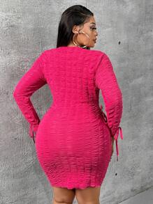 Slaydiva 女式加大尺碼紋理面料露肩修身連衣裙 - 玫紅色 - 查看 2