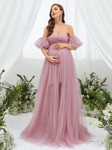 Maternity Off Shoulder Puff Sleeve Mesh Gown Elegant Dress, For Party - Dusty Pink - View 4